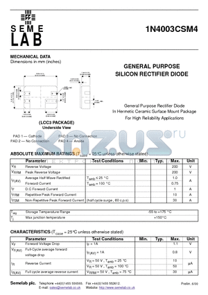 1N4003CSM4 datasheet - GENERAL PURPOSE SILICON RECTIFIER DIODE