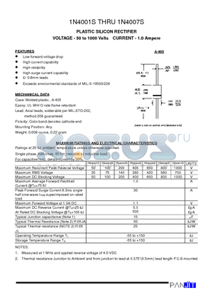 1N4003S datasheet - PLASTIC SILICON RECTIFIER(VOLTAGE - 50 to 1000 Volts CURRENT - 1.0 Ampere)