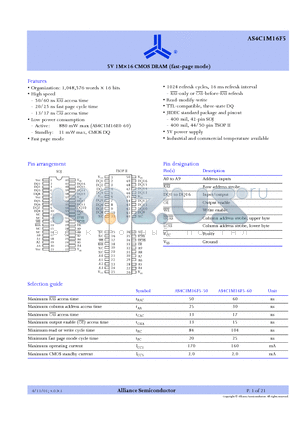 AS4C1M16F5-60JC datasheet - 5V 1M X 16 CMOS DRAM