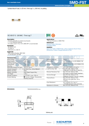 0034.5624.11 datasheet - Surface Mount Fuse, 5 x 20 mm, Time-Lag T, L, 250 VAC, Au plating