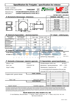 7446222007 datasheet - CURRENT-COMPENSATED CHOKE WE-LF