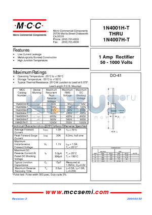 1N4004H-T datasheet - 1 Amp Rectifier 50 - 1000 Volts