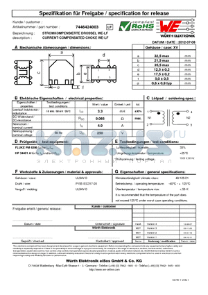 7446424003 datasheet - CURRENT-COMPENSATED CHOKE WE-LF