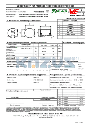 7446621010 datasheet - CURRENT-COMPENSATED CHOKE WE-LF