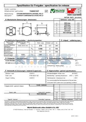 7446921027 datasheet - CURRENT-COMPENSATED CHOKE WE-LF