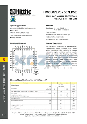 507LP5E datasheet - MMIC VCO w/ HALF FREQUENCY OUTPUT 6.65 - 7.65 GHz