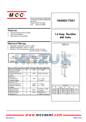 1N4005-TS01 datasheet - 1.0 Amp Rectifier 600 Volts