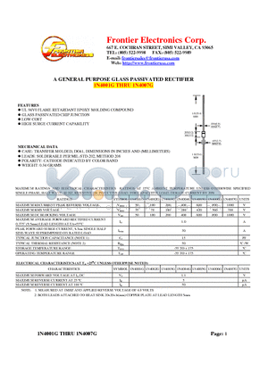 1N4005G datasheet - A GENERAL PURPOSE GLASS PASSIVATED RECTIFIER