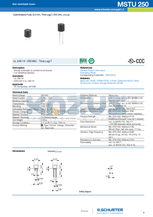 0034.7104 datasheet - Subminiature Fuse, 8.5 mm, Time-Lag T, 250 VAC, cULus