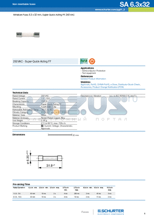 00341001 datasheet - Miniature Fuse, 6.3 x 32 mm, Super-Quick-Acting FF, 250 VAC