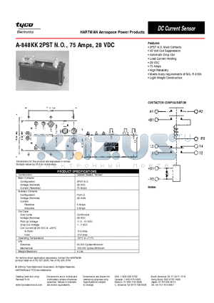 A-848KK datasheet - A-848KK 2PST N.O., 75 Amps, 28 VDC