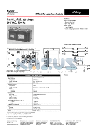 A-874L datasheet - A-874L 3PST, 335 Amps, 200 VAC, 400 Hz