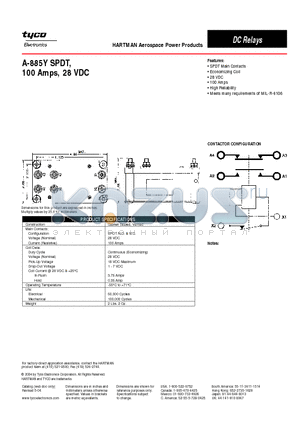 A-885Y datasheet - A-885Y SPDT,100 Amps, 28 VDC