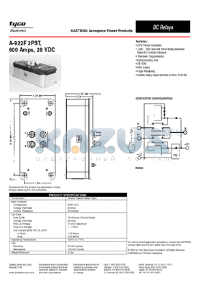 A-922F datasheet - A-922F 2PST,600 Amps, 28 VDC