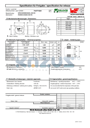 744771001 datasheet - POWER-CHOKE WE-PD