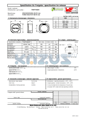 7447714331 datasheet - POWER INDUCTOR WE-PD 1050