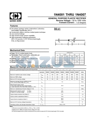 1N4007 datasheet - GENERAL PURPOSE PLASTIC RECTIFIER