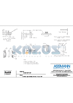 A-HDF15PP-WP-R datasheet - D-SUB, HIGH DENSITY, FEMALE, 15 PIN 90 