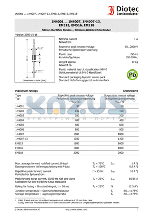 1N4007 datasheet - Silicon Rectifier Diodes  Silizium-Gleichrichterdioden