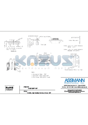 A-HDF26PP-WP datasheet - D-SUB, HIGH DENSITY, FEMALE, 26PIN, 180 