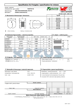 744774115 datasheet - POWER CHOKE WE-PD2