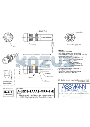 A-LED8-1AAAS-MR7-1-R datasheet - Waterproof LED - Red/Green color, M8 size connector, 3MM, Metal housing, Solder Type, IP67 unmated