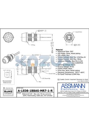 A-LED8-1BBAS-MR7-1-R datasheet - Waterproof LED - Blue color, M8 size connector, 5MM, Metal housing, Solder pins, IP67 unmated