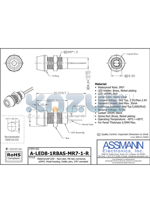 A-LED8-1RBAS-MR7-1-R datasheet - Waterproof LED - Red color, M8 size connector, 5MM, Metal housing, Solder pins, IP67 unmated