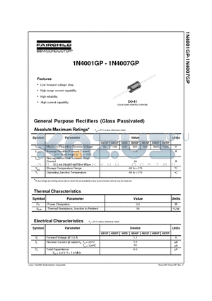 1N4007GP datasheet - 1.0 Ampere Glass Passivated Rectifiers