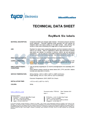 003833-000 datasheet - TECHNICAL DATA SHEET