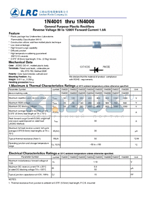 1N4008 datasheet - General Purpose Plastic Rectifiers Reverse Voltage 50 to 1200V Forward Current 1.0A