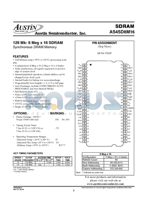 AS4SD8M16 datasheet - 128 Mb: 8 Meg x 16 SDRAM Synchronous DRAM Memory