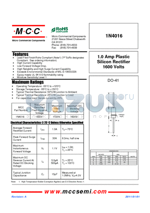 1N4016 datasheet - 1.0 Amp Plastic Silicon Rectifier 1600 Volts