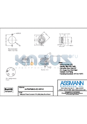 A-P04PMMS-SC-WP-R datasheet - WATERPROOF POWER CONNECTOR 4 PIN (12A), MALE, PANEL MOUNT