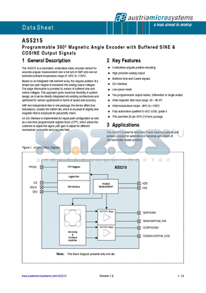 AS5215 datasheet - Programmable 360j Magnetic Angle Encoder with Buffered SINE & COSINE Output Signals