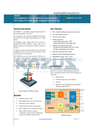 AS5046 datasheet - PROGRAMMABLE 12-bit 360` MAGNETIC ANGLE ENCODER WITH ABSOLUTE 2-WIRE SERIAL AND ANALOG INTERFACES