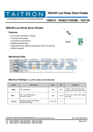 1N4099 datasheet - 500mW Low Noise Zener Diodes