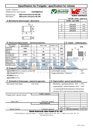 74479887210 datasheet - SMD-power inductance WE-PMI