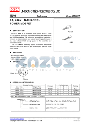 1N40G-T92-B datasheet - 1A, 400V N-CHANNEL POWER MOSFET