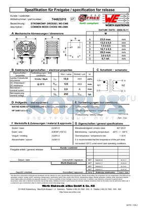 744823210 datasheet - COMMON MODE CHOKE WE-CMB