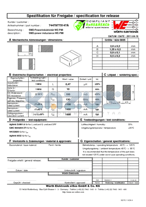 74479775147A datasheet - SMD-power inductance WE-PMI