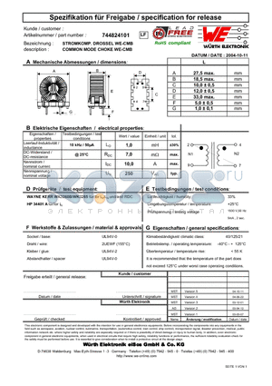 744824101 datasheet - COMMON MODE CHOKE WE-CMB