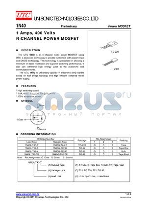 1N40L-TA3-T datasheet - 1 Amps, 400 Volts N-CHANNEL POWER MOSFET