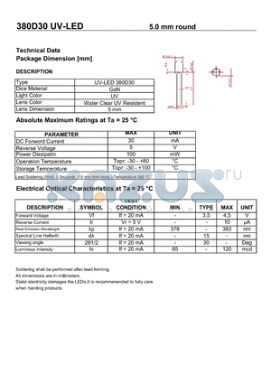 380D30 datasheet - UV-LED 5.0 mm round