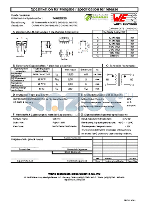 744862120 datasheet - CURRENT-COMPENSATED CHOKE WE-TFC