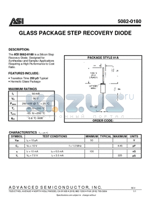 5082-0180 datasheet - GLASS PACKAGE STEP RECOVERY DIODE
