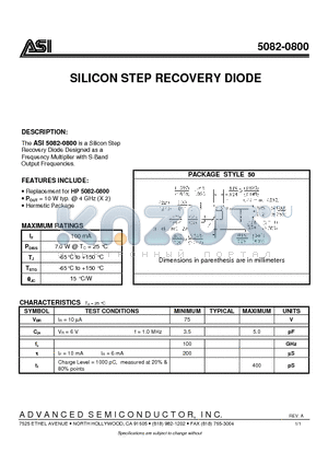 5082-0800 datasheet - SILICON STEP RECOVERY DIODE
