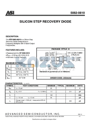 5082-0810 datasheet - SILICON STEP RECOVERY DIODE