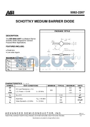 5082-2207 datasheet - SCHOTTKY MEDIUM BARRIER DIODE