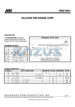 5082-0001 datasheet - SILICON PIN DIODE CHIP